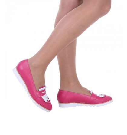 Loafers dama piele naturala roz fucsia piele alba