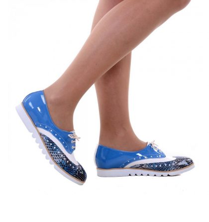 Pantofi oxford piele bleu piele alba si piele imprimeu croco
