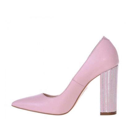 Pantofi roz pal toc gros piele imprimeu