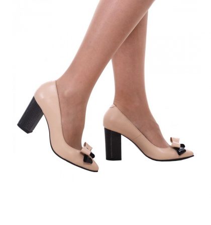 Pantofi toc gros piele naturala nude inchis