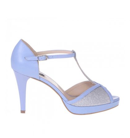 Sandale toc inalt platforma piele bleu si glitter argintiu
