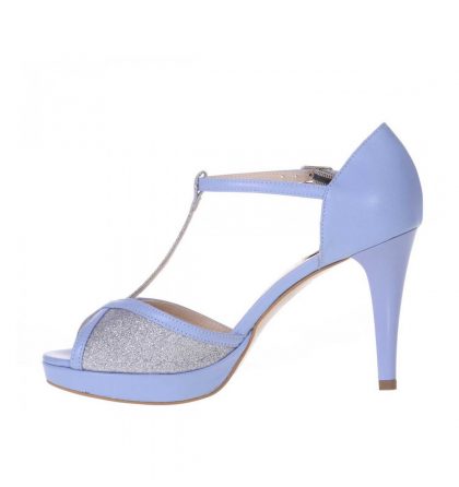 Sandale toc inalt platforma piele bleu si glitter argintiu