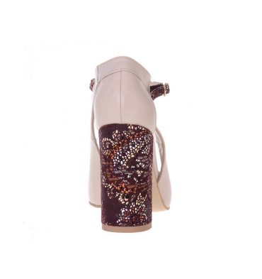 Pantofi dama toc gros piele nude piele grena imprimeu