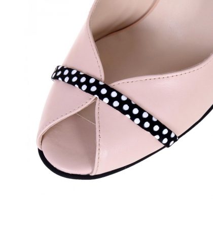 Pantofi dama peep toe piele nude roze piele cu buline