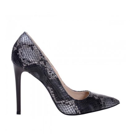 Pantofi stiletto gri inchis piele imprimeu sarpe