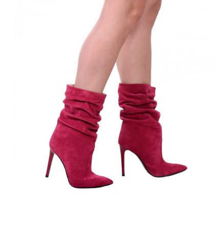 Botine stiletto roz magenta piele intoarsa