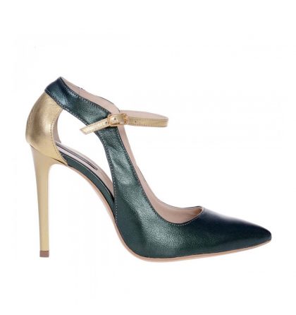 Pantofi stiletto bareta piele verde piele aurie