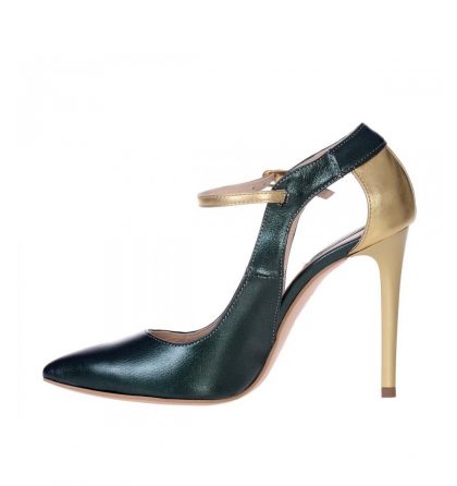 Pantofi stiletto bareta piele verde piele aurie