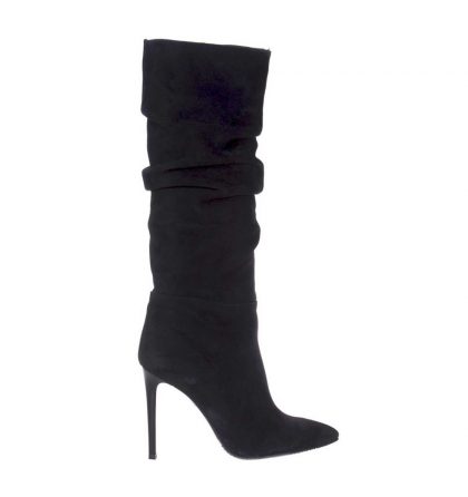 Cizme fronsate stiletto piele intoarsa neagra