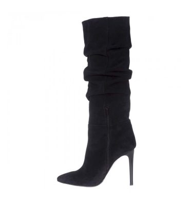 Cizme fronsate stiletto piele intoarsa neagra