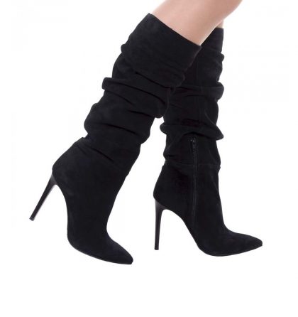 Cizme fronsate stiletto piele intoarsa neagra