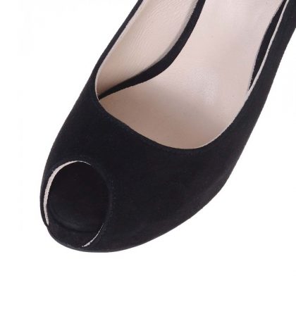 Pantofi negri peep toe piele intoarsa toc inalt platforma