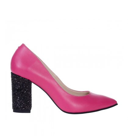 Pantofi piele fucsia toc gros glitter negru