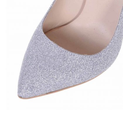 Pantofi stiletto piele glitter argintiu toc inalt