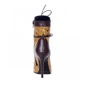 Botine dama piele imprimeu galben si piele maro