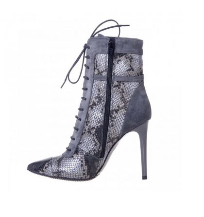 Botine stiletto gri piele print sarpe si piele intoarsa