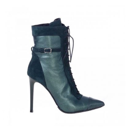 Botine stiletto piele verde metalizat si piele intoarsa verde