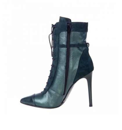 Botine stiletto piele verde metalizat si piele intoarsa verde