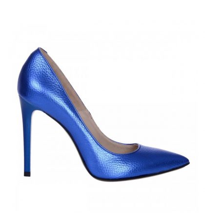 Pantofi stiletto albastru metalizat piele naturala