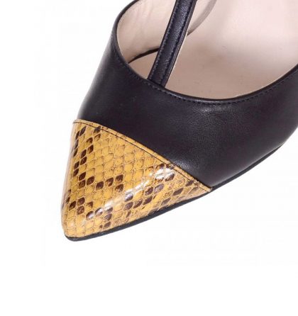 Pantofi stiletto piele maro si piele galbena imprimeu