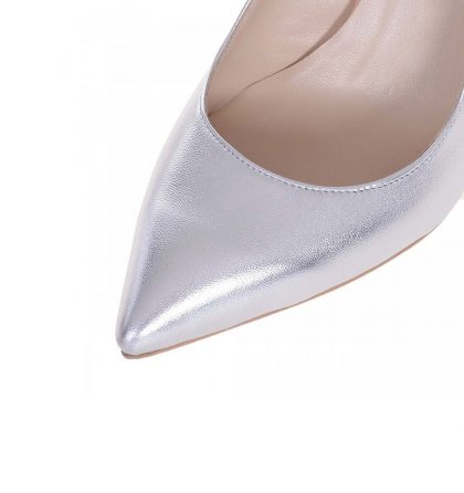 Pantofi stiletto argintii toc comod piele naturala