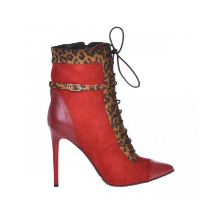 Botine elegante stiletto piele intoarsa rosie si piele animal print