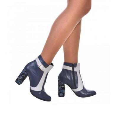 Botine toc gros piele bleumarin piele gri si piele imprimeu