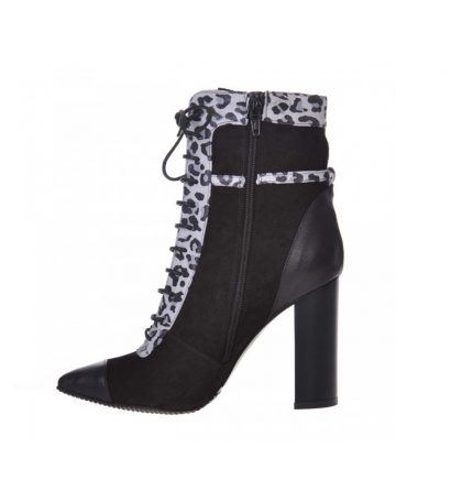 Botine toc gros piele intoarsa neagra si piele animal print