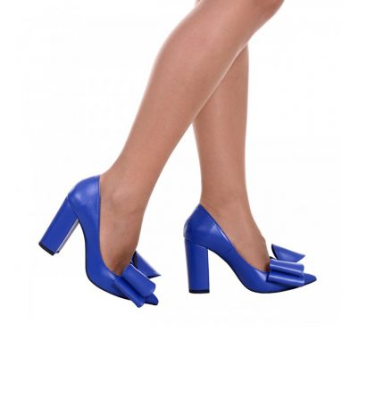 Pantofi dama toc gros piele albastru electric funda