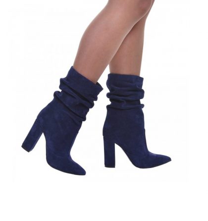 Botine bleumarin toc gros piele intoarsa