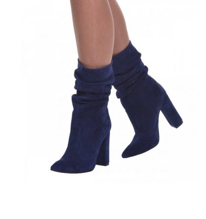 Botine bleumarin toc gros piele intoarsa