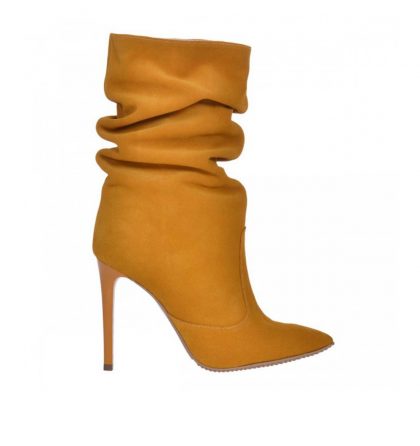 Botine fronsate stiletto piele intoarsa galben mustar