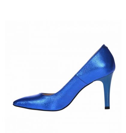Pantofi stiletto comozi din piele naturala albastru metalizat