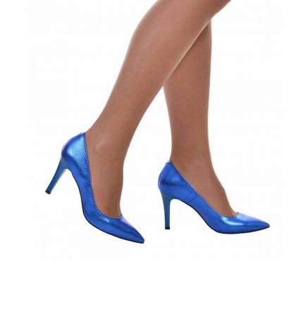 Pantofi stiletto comozi din piele naturala albastru metalizat