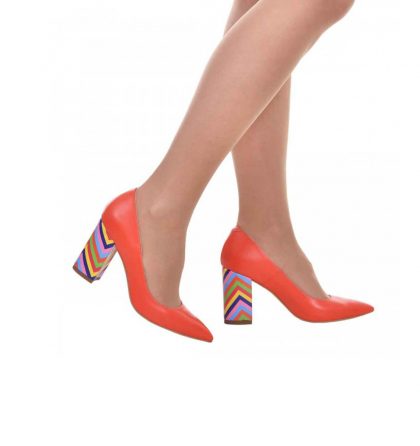 Pantofi toc gros piele portocalie si piele multicolora