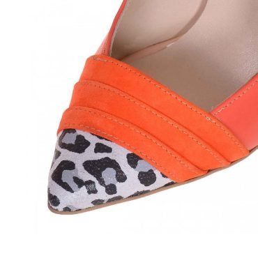 Pantofi stiletto din piele portocalie cu insertii animal print