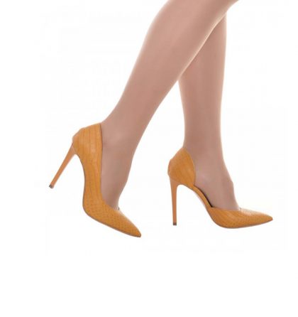 Pantofi decupati stiletto din piele galben mustar cu print croco