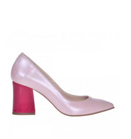 Pantofi toc gros piele roz sidefat si piele fucsia