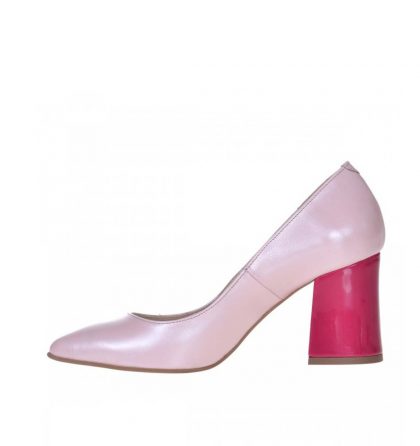 Pantofi toc gros piele roz sidefat si piele fucsia