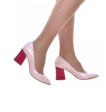 Pantofi toc gros piele roz sidefat si piele fucsia