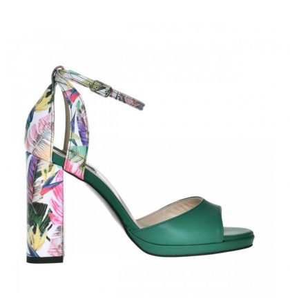 Sandale dama toc gros piele verde si piele cu imprimeu floral