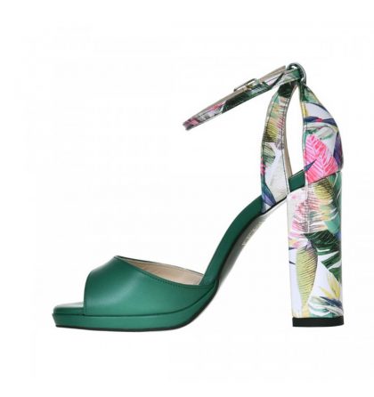 Sandale dama toc gros piele verde si piele cu imprimeu floral