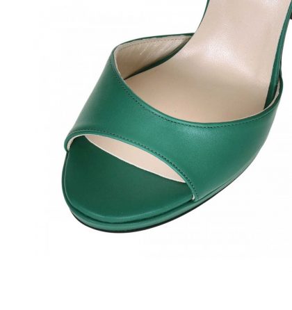 Sandale dama toc gros piele verde si piele cu imprimeu floral
