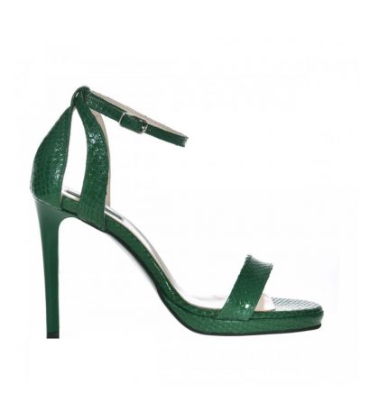 Sandale cu toc inalt si platforma din piele verde croco
