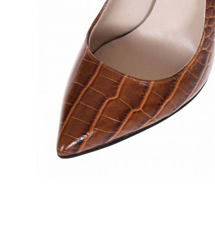 Pantofi maro stiletto din piele naturala presaj croco