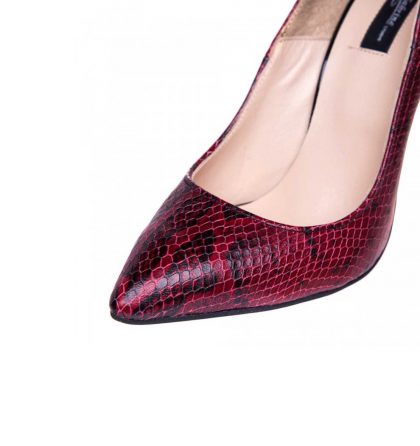 Pantofi rosu inchis stiletto din piele naturala cu imprimeu croco