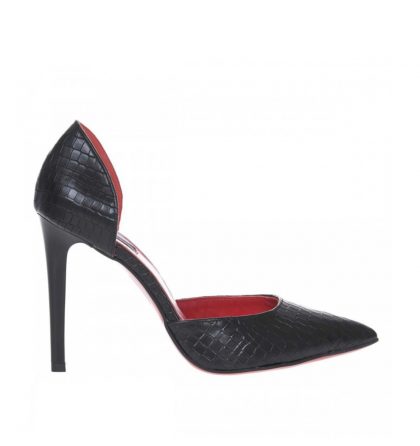 Pantofi decupati stiletto din piele neagra cu presaj croco