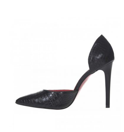 Pantofi decupati stiletto din piele neagra cu presaj croco