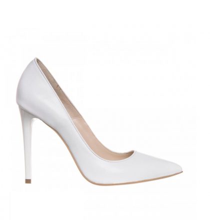 Pantofi albi eleganti stiletto din piele naturala