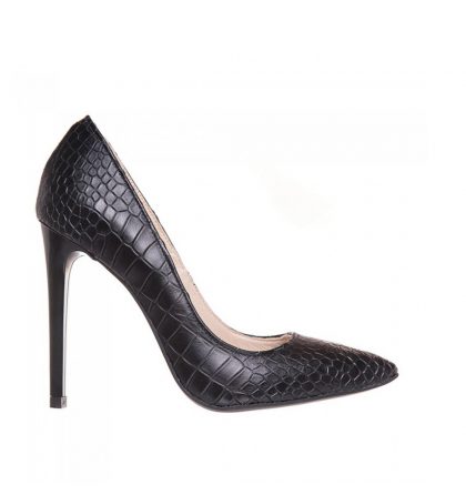 Pantofi eleganti stiletto din piele negru croco